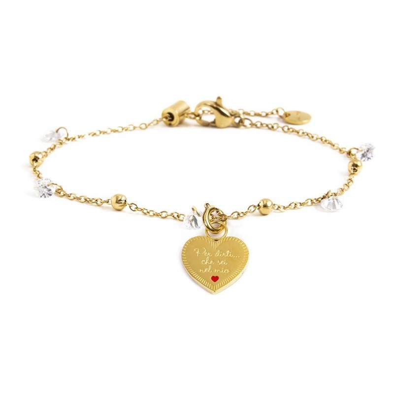 Marlù Bracciale Donna In Acciaio PVD Oro Con Cuore Di Cristalli – Doppia Catena A Perle, Modello 15BR068G-W