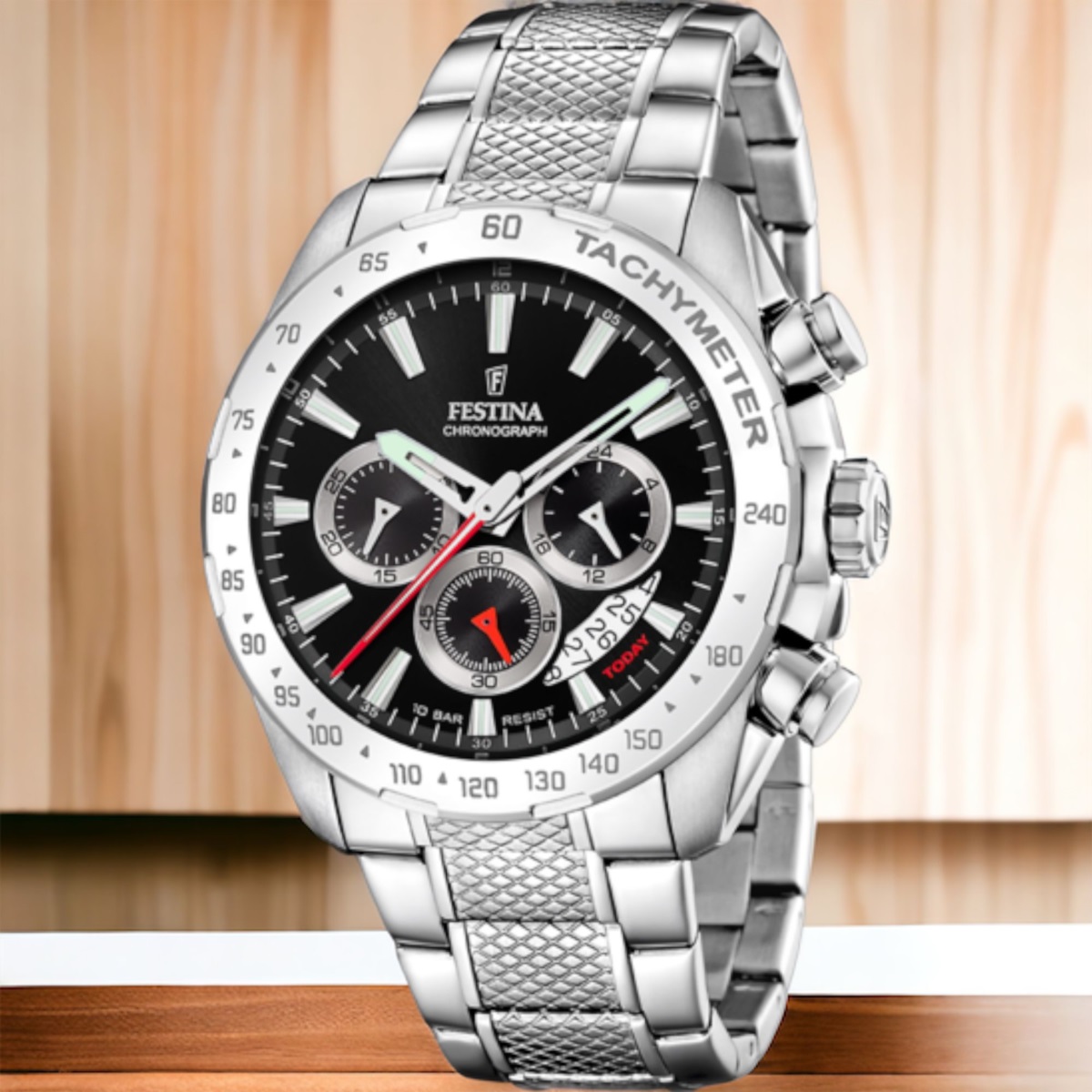 Festina Cronografo Uomo F20668/4 | Quadrante Nero, Cinturino Acciaio Inox | 44,5 Mm